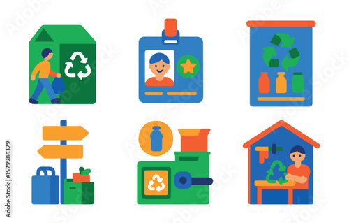 Flat vector icons of community recycling centers: recycling drop-off icon, volunteer badge, sorting bins, educational poster, collection points, donation boxes, recycling machine, community workshop.