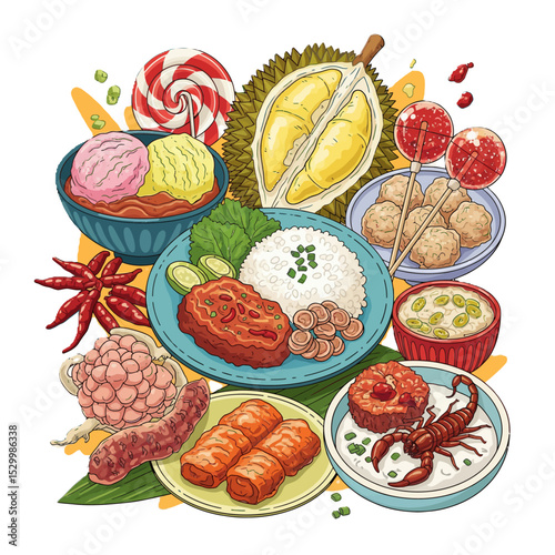 Assorted delicious asian cuisine dishes isolated on white background