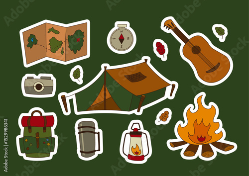 Camping stickers.  a collection of colorful summer themed stickers. Map, compass, guitar, camera, tent, backpack, thermos, lantern, campfire. For printing.