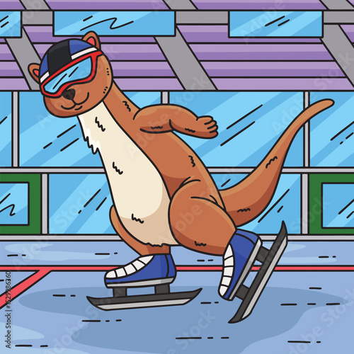 Speed Skating Weasel Colored Cartoon Illustration 