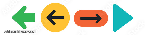 Flat vector icons of return and navigation actions: return arrow, go back icon, previous step, continue button, forward navigation.