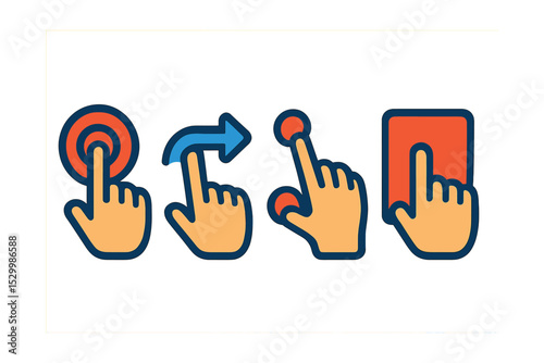 Flat vector icons of touch navigation: touch icon, finger swipe, drag gesture, multi-touch, screen tap.