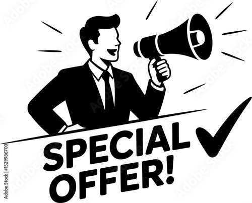 Man in suit with megaphone announcing special offer with checkmark icon