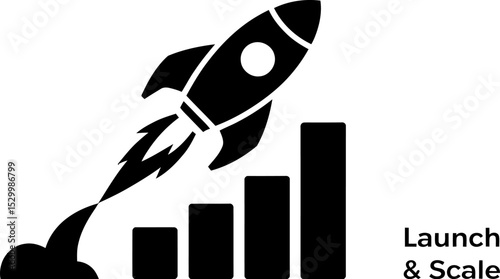 Rocket launching over bar graph showing growth in black and white image