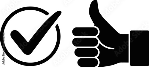 Black check mark in circle and thumbs up hand gesture on white background
