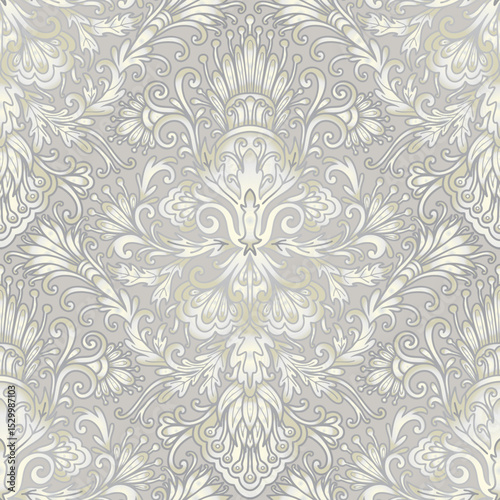 Abstract swirl pattern, grey color ornamental flowers, grey background. Seamless floral pattern-743.