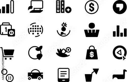 Collection of various black silhouette icons on a white isolated background