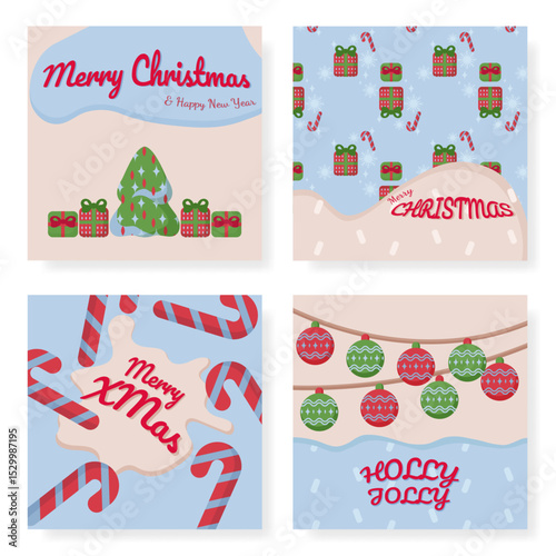 Merry Christmas winter holiday greeting card set background with hanging balls, snow, pine, gift box. Happy New Year vector posters  illustration