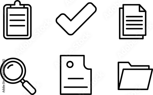 Illustration of clipboard check mark documents magnifier and folder icons
