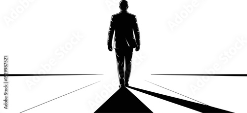 Silhouette of a man in a suit walking away on a white background art