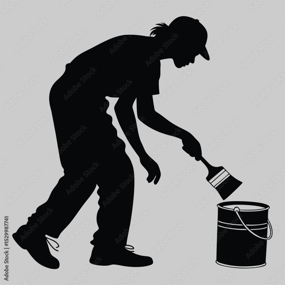 Fototapeta premium a person dipping a paintbrush into a can silhouette vector design art and illustration