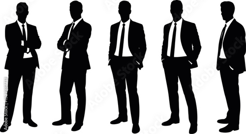 Five businessman silhouettes standing in suits and ties on white background