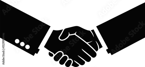 Illustration of a handshake between two people wearing suits in black and white