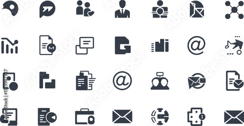Collection of various business and communication icon symbols in black