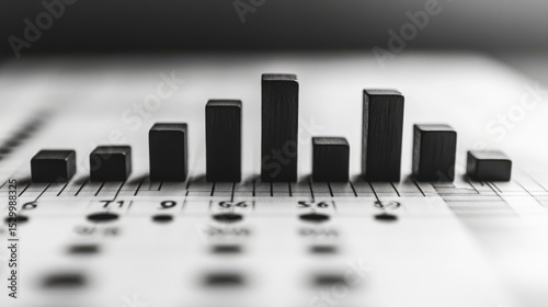 A striking 3D bar chart with black blocks on a blurred document background, emphasizing data visualization and business analytics