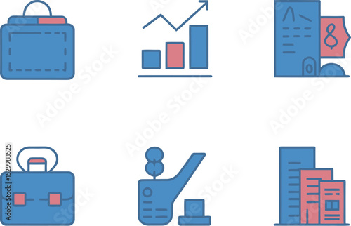 Illustration of business icons including briefcase graph and buildings