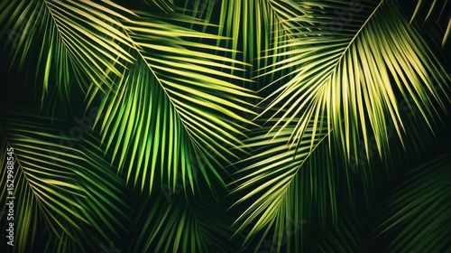 A close-up of overlapping, lush green palm leaves under dappled light, showcasing their intricate textures and vibrant hues against a dark background