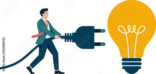 Illustration of a man plugging in a large electrical plug to a lightbulb