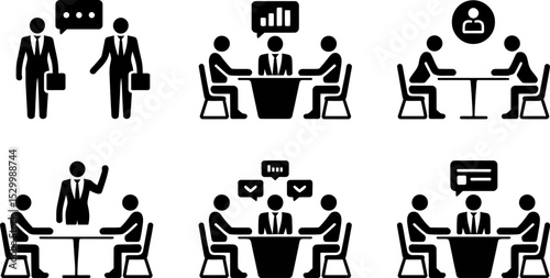 Depiction of business meetings and discussions in various configurations