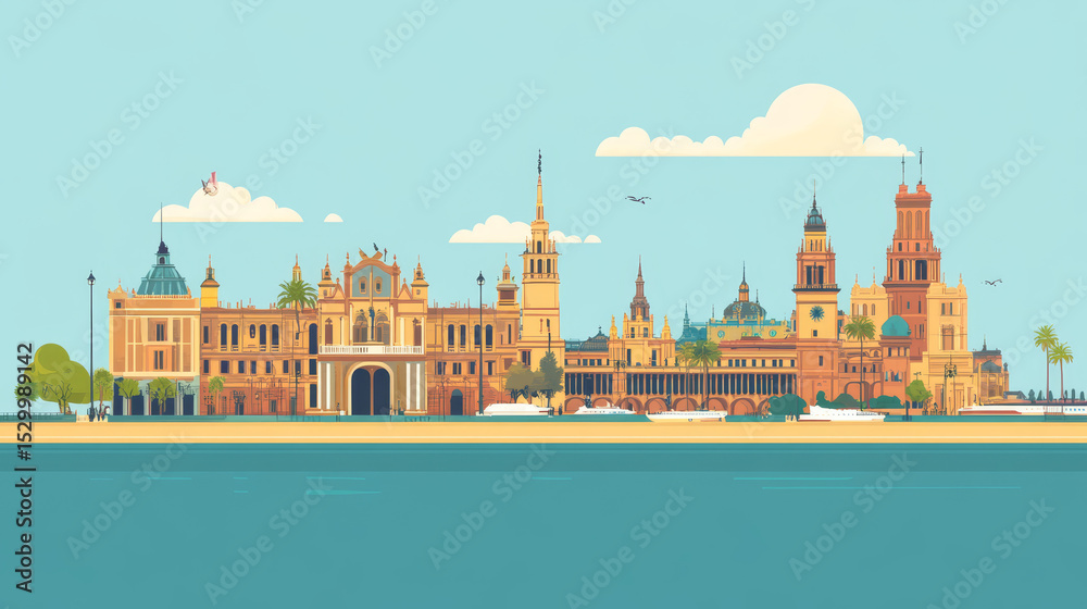 Fototapeta premium A flat vector illustration of Seville, Spain, featuring its most iconic landmarks in a clean, modern line-art style. 