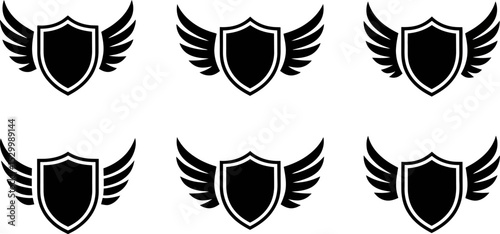 Six winged shields in a pattern on a white background in a vector style