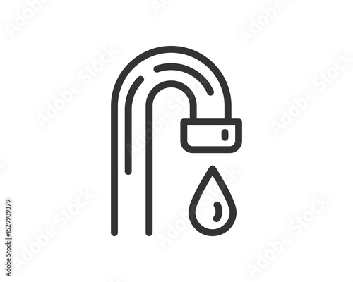 Clean minimalist line art icon of a dripping faucet. Symbolizes resources, conservation, plumbing, and utilities. Useful for app design, infographics, and presentations.
