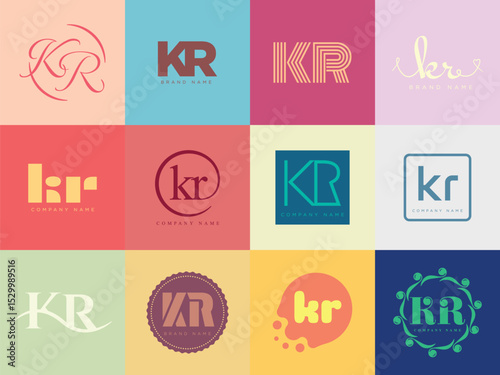 KR logo company template. Letter k and r logotype. Set different classic serif lettering and modern bold text with design elements. Initial font typography.