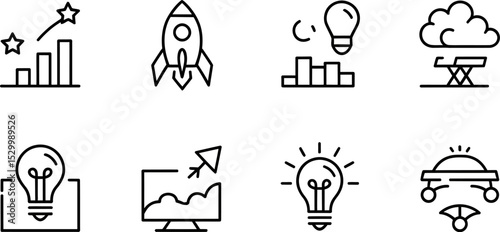 Various business and innovation icons in a minimalist outline style set up