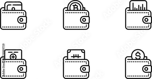 Illustration of six wallet icons containing different forms of currency