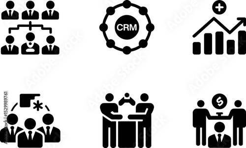 Displaying six business related icons in black on a white background view