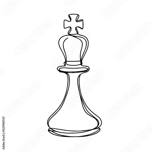 Minimalist line art chess king piece on a white background representing strategy and decision-making, concept of game design or board games