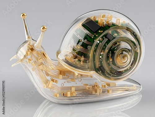 Transparent Snail with Circuit Board Shell – Futuristic Technology Concept Art