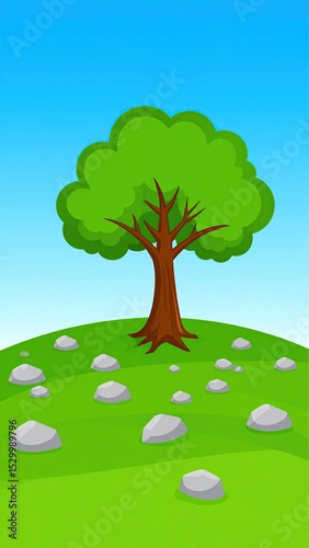 Cartoon tree on a grassy hill