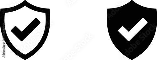 Two shields with check marks in black and white on a light gray background