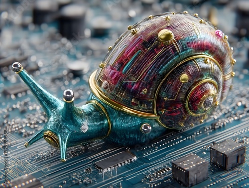 Colorful Circuitry Snail – Sci-Fi Concept Creature on Microchip Board