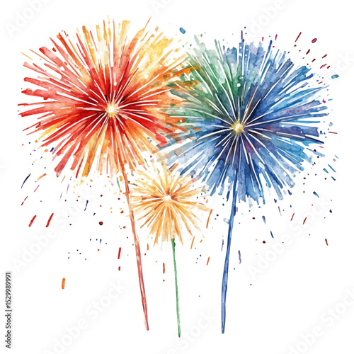 watercolor of Fireworks Lighting Summer Fair, vector, isolated on a white background.