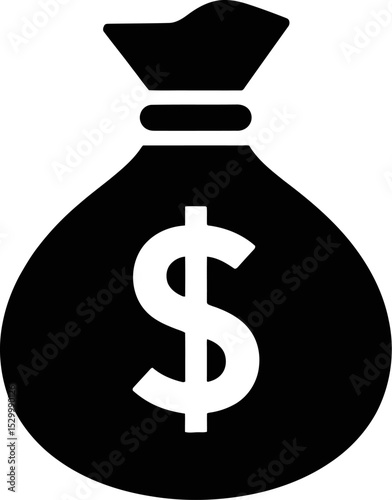 A black money bag icon with a dollar sign on a white background simple