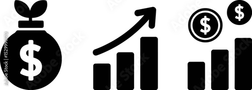 A graphic depicting money bag, rising bar chart, and coins on white background