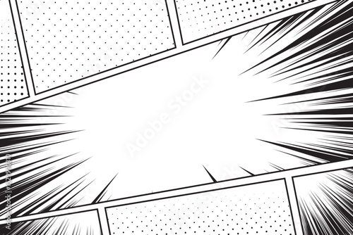 Comic book panels with action effect, cartoon storyboard style frame template, frame retro manga black and white