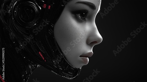 A close-up side profile of a cybernetic female model with delicate human features integrated into a sleek, dark metallic helmet with subtle red glowing accents, set against a black background.