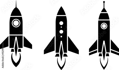 Three black and white rocket ship illustrations on a plain white background