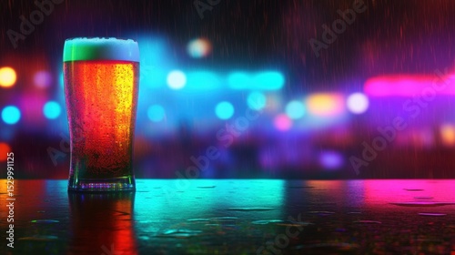 Vibrant beer glass illuminated by colorful lights on a rainy night