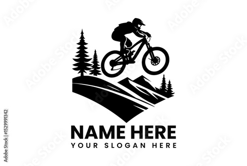 Stylized black vector logo featuring extreme mountain biker airborne over rough terrain with forest backdrop