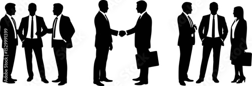 Silhouettes of business people in suits interacting on a white background