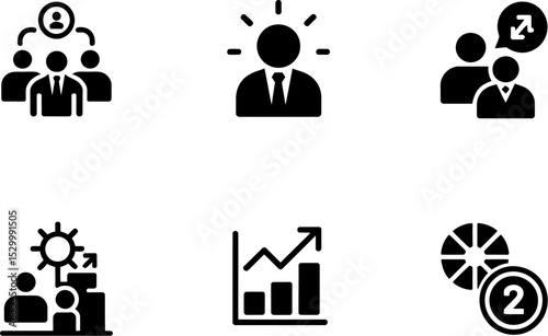 Six black and white business icons arranged in a grid on a white background