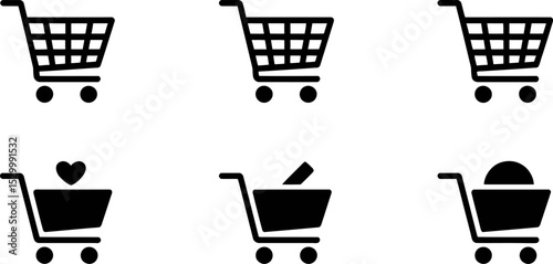 Illustration of six shopping cart icons with different contents inside