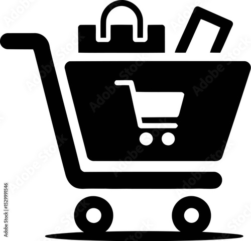Illustration of a shopping cart filled with items in black and white