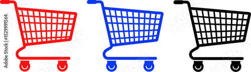 Three black shopping carts in a row on a white background in illustration