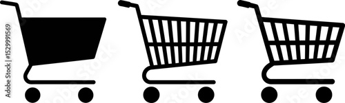 Three shopping cart icons in black on a white background in a row view