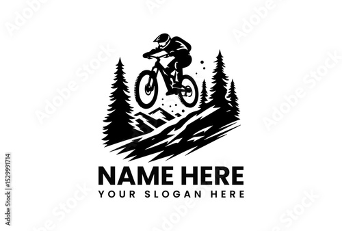 Black vector silhouette of mountain biker performing dangerous jump over rocky terrain with coniferous trees